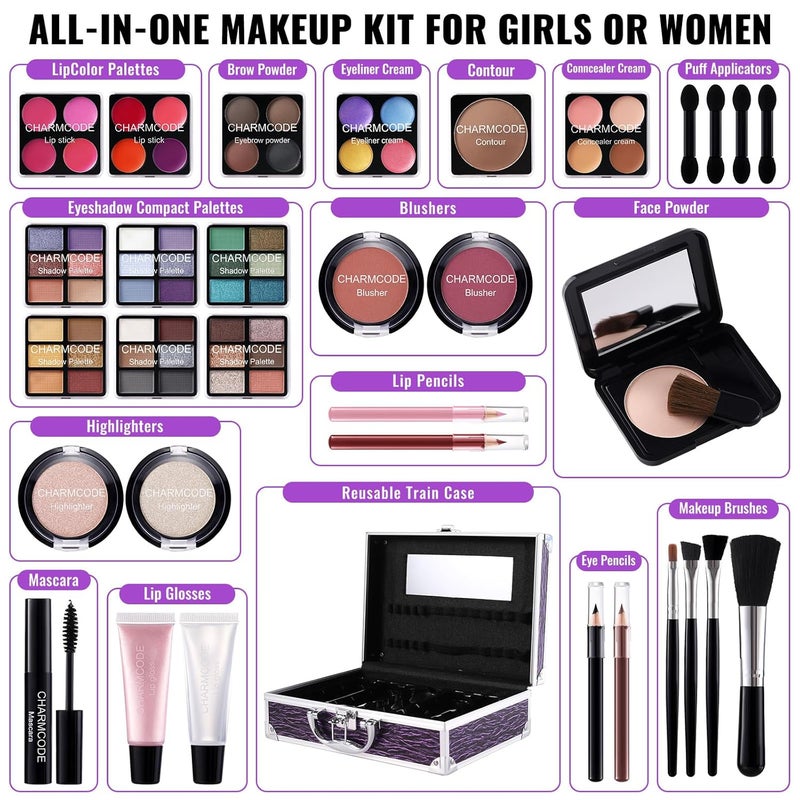 CHARMCODE Makeup Kit for Teen Girls & Women Full Kit, Beauty Train Case with Starter Cosmetic Set, Make Up Valentine Gift Box with Eyeshadow,Lipgloss,Highlighter,Blush,Lip&Eye Pencils,Brush & More(Purple) - Image 3